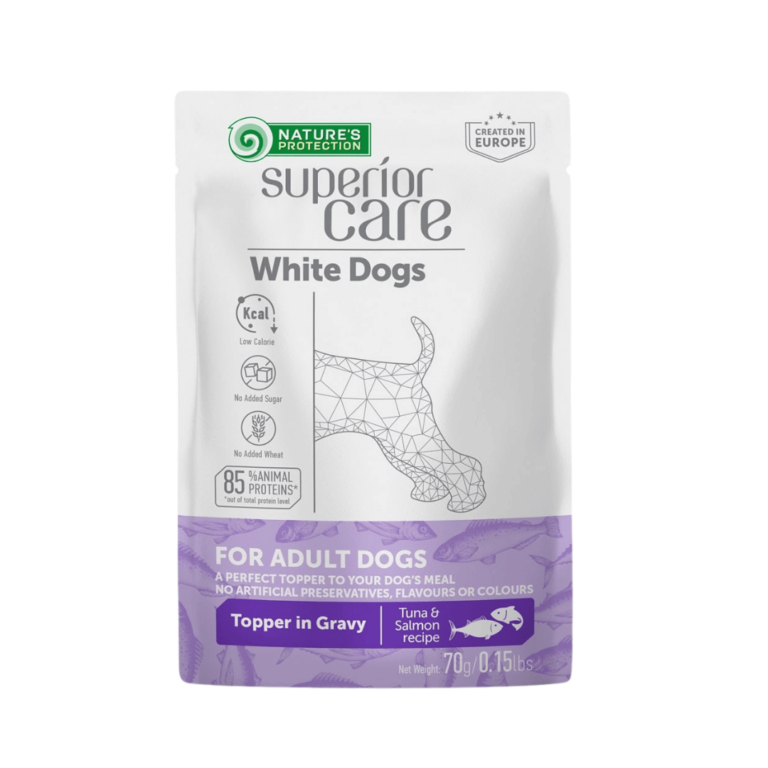 Ushqim i njomë me peshk dhe lëng për qen me gëzof të bardhë – Natures Protection (70 g)