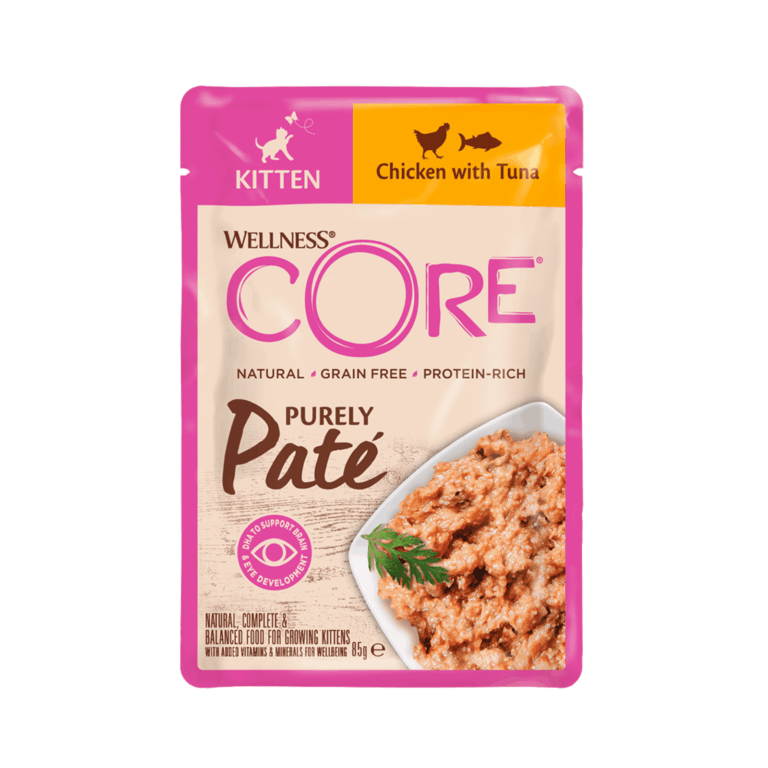 Ushqim i njomë për kotele me mish pule dhe peshk ton – Wellness Core Pate (85 gr)